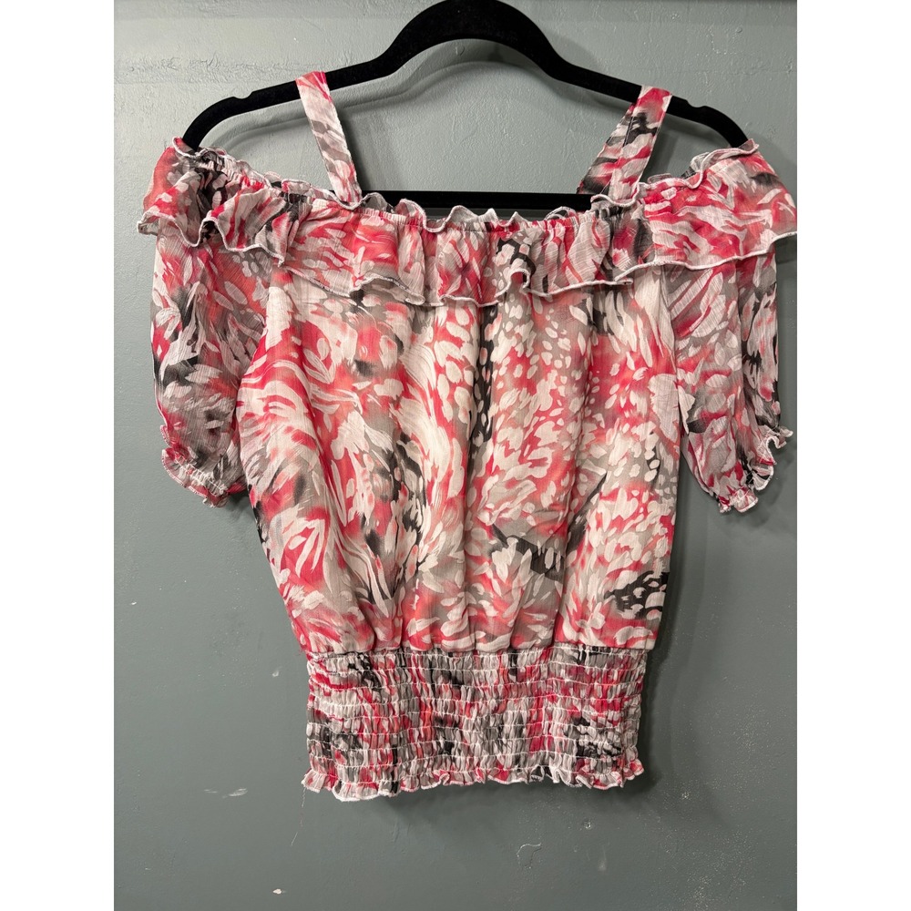 Summer Lightweight  Womens Pink Grey Cold Shoulder Ruffle Smocked Blouse M